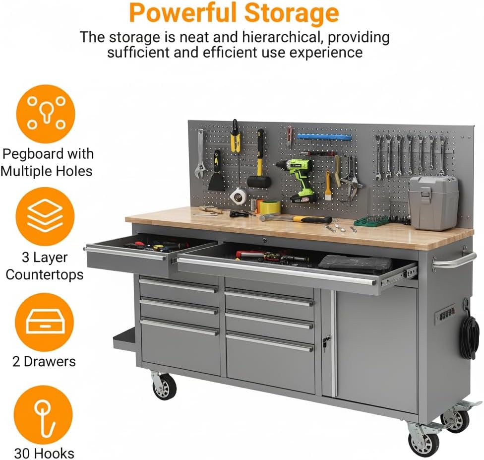 GAOMON 61-inch Rolling Tool Chest, 10 Drawers Garage Workbench Storage Tool Cabinet with Power Strip, Solid Rubber Wood Top, 1675 LBS Load Mobile Workstation, Heavy Duty Rolling Cabinet, Silver