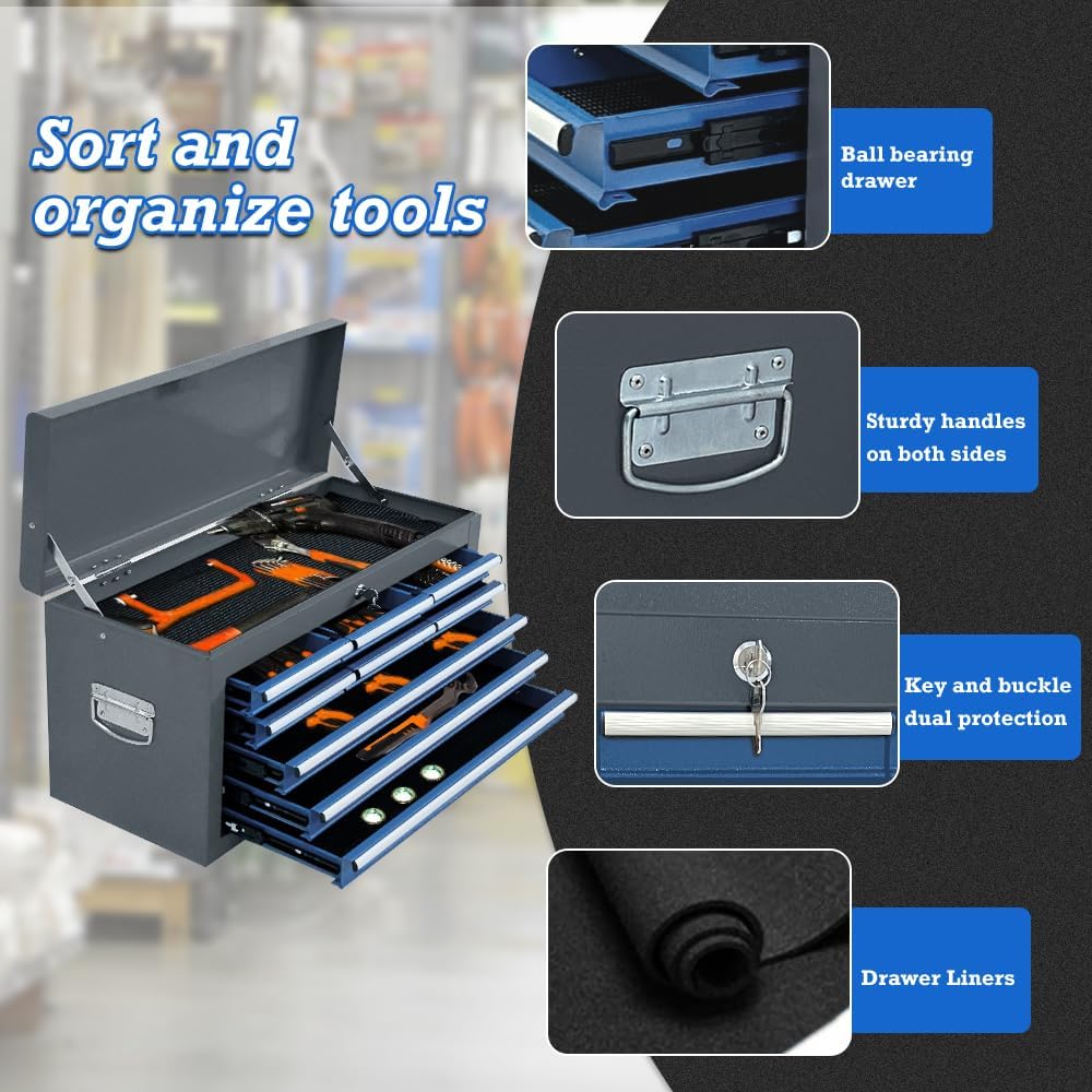 13 Drawers Tool Chest with Wheels,Large Capacity Tool Storage Cabinet with Removable Top Toolbox, Locking Mechanical Tool Cart with Liner,Suitable for Garages, Warehouses-Blue&Grey