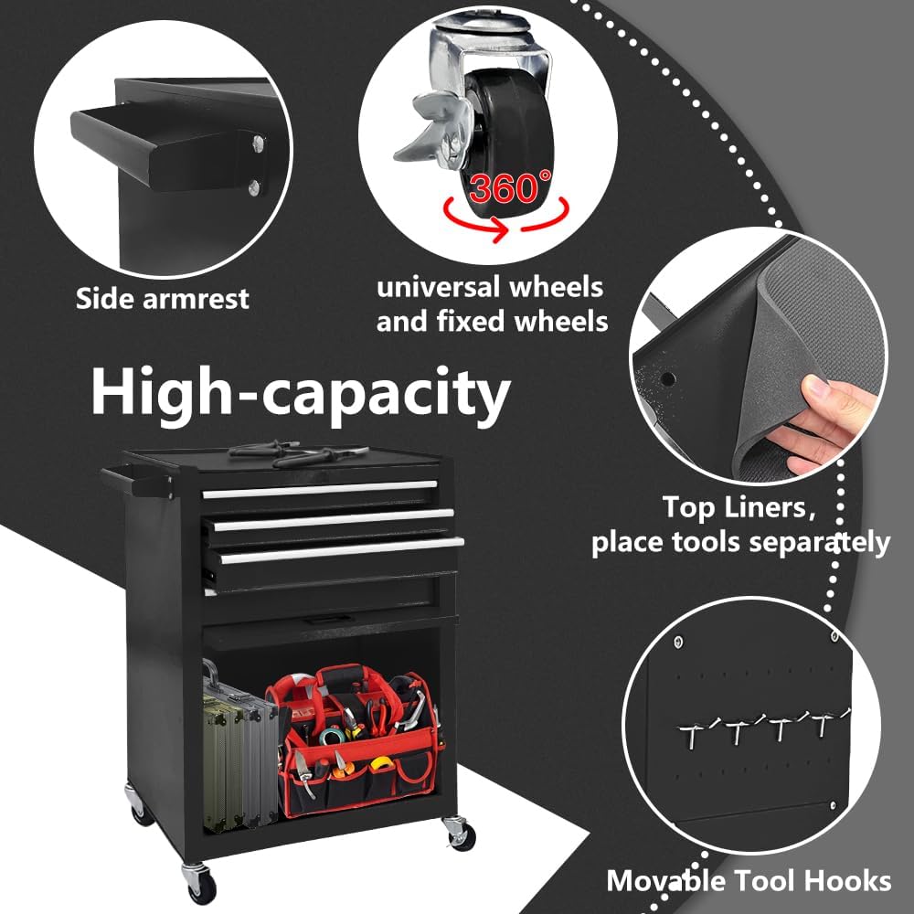 13-Drawer Tool Chest with Wheels, 2 in 1 Detachable Rolling Toolbox with Drawers, Large Tool Box with Lock, Mobile Steel Tool Cabinet Storage for Warehouse, Garage (Black)