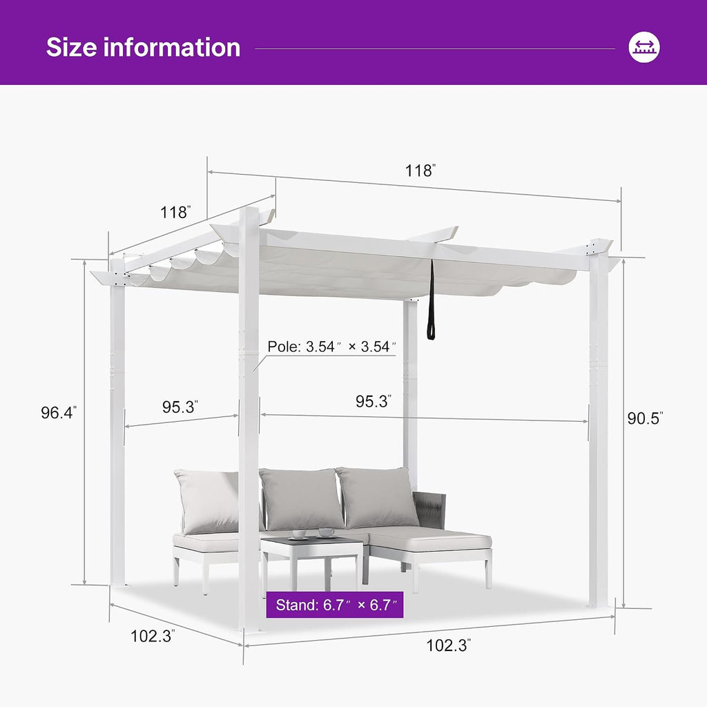 PURPLE LEAF 10' x 10' Aluminum Outdoor Pergola White Wind-Resistant Retractable Pergola with Double Sun Shade Canopy Heavy-Duty Metal Pergola for Patios Backyard Deck Garden, White