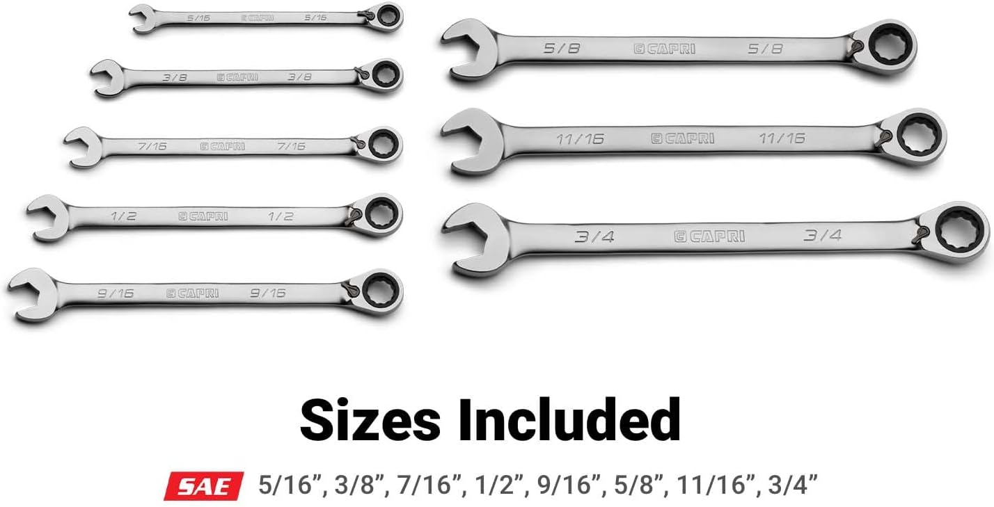Capri Tools 120-Tooth Ultra-Smooth Reversible Ratcheting Wrenches Set, XL Long Series, 12-Point, 5/16 to 3/4 in., SAE, 8-Piece with Mechanic's Tray