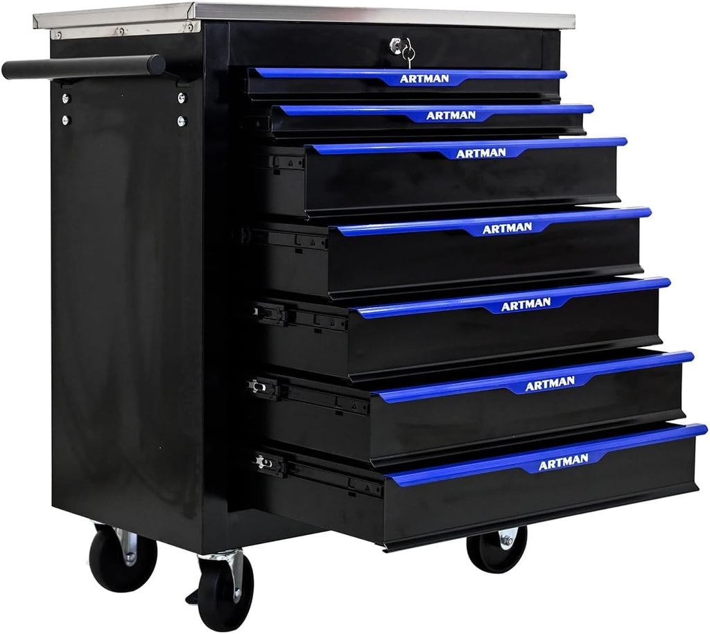 7-Drawer Heavy-Duty Rolling Steel Tool Cart with Handle&Wheels, Metal Storage Organizer Cabinet, Tool Chest for Efficient Tool Storage in Garage, Warehouse, Workshop, Repair Shop, Blue