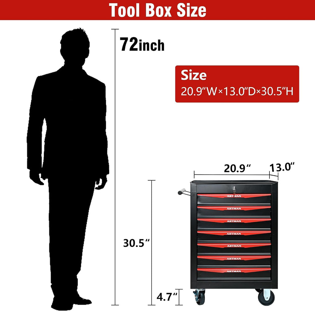7 Drawers Tool Cart on Wheels, Multifunctional Rolling Tool Chest, Drawers Mobile Trolley Organizer Heavy Duty Tools Box with Locking Wheels & Ball Bearing Drawers (Black, 7 Drawers)