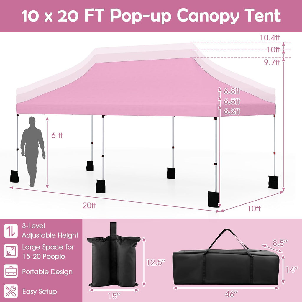 Tangkula 10x20 Ft Pop Up Canopy, Instant Setup Tent with 6 Sandbags, 12 Stakes & 6 Ropes, UPF 50+ Portable Outdoor Canopy Tent with Carrying Bag for Camp, Beach, Patio (Pink)