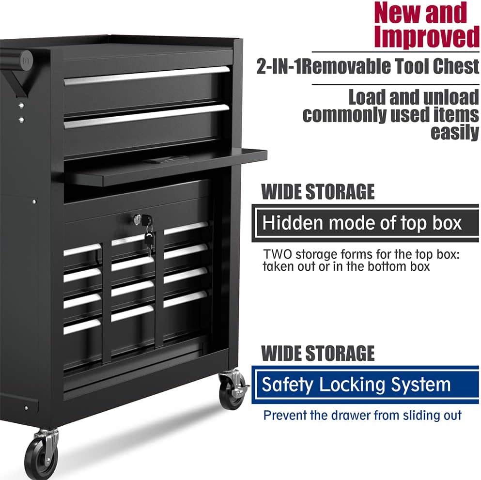 High Capacity Rolling Tool Boxes with Wheels and Drawers, 8-Drawer Storage Cabinet,Detachable Organizer Combo,Mobile Lockable Toolbox for Workshop Mechanics Garage (Black)
