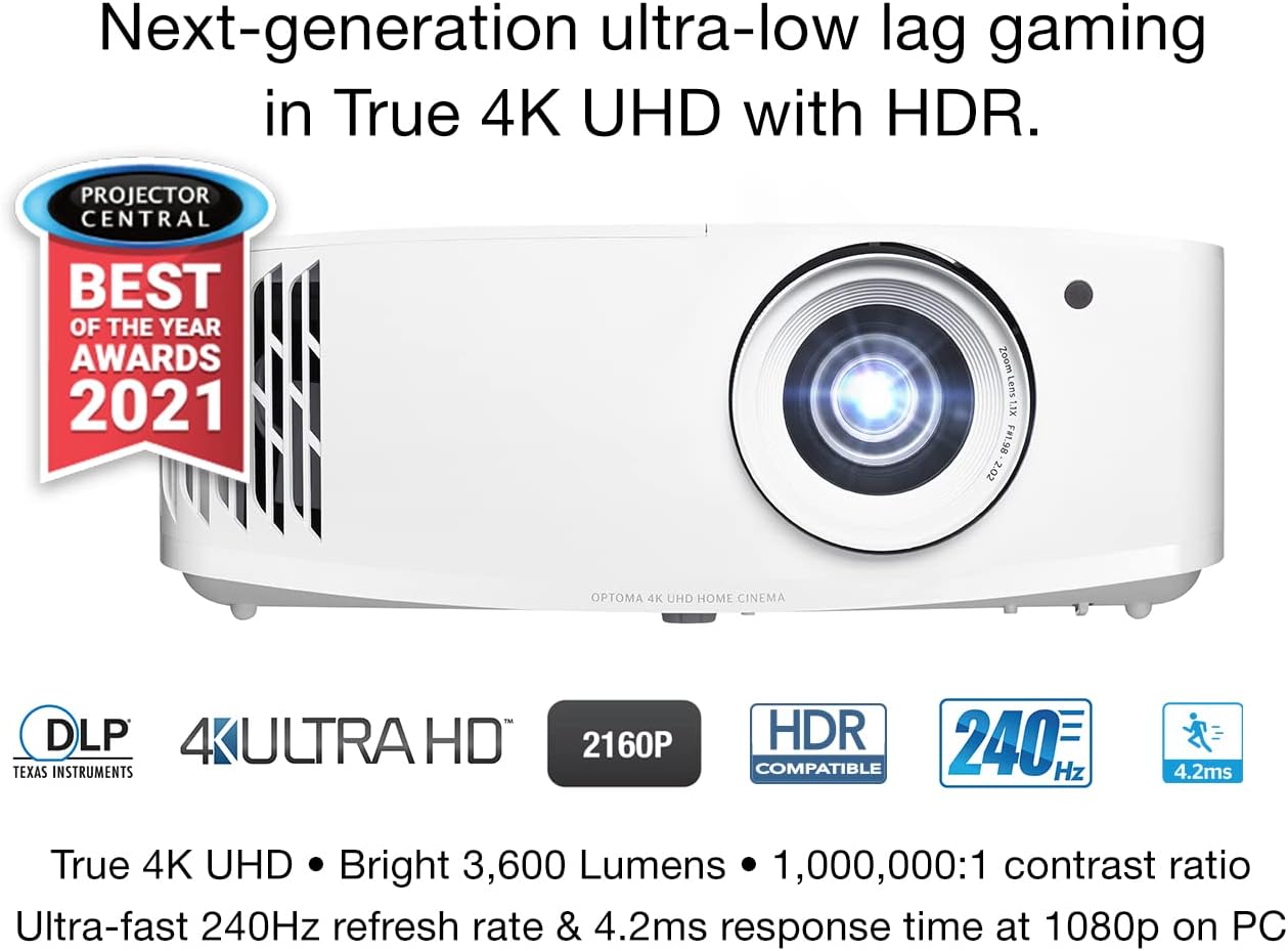 Optoma UHD35 True 4K UHD Gaming Projector 3,600 Lumens 4.2ms Response Time at 1080p with Enhanced Gaming Mode 240Hz Refresh Rate HDR10 & HLG