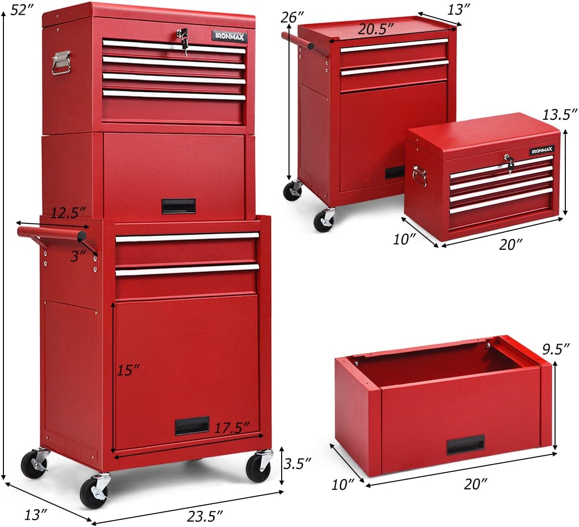 IRONMAX 6-Drawer Tool Cabinet on Wheels, Lockable 3 in 1 Heavy Duty Toolbox Organizer w/ 4 Universal Wheels & Hooks, Detachable Metal Tool Chest for Garage, Warehouse, Repair Shop (Red)