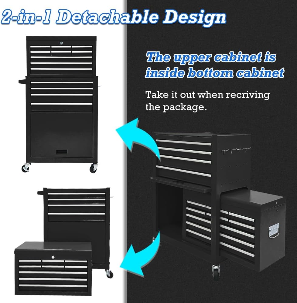 13 Drawers Tool Chest with Wheels,Large Capacity Tool Storage Cabinet with Removable Top Toolbox, Locking Mechanical Tool Cart with Liner,Suitable for Garages, Warehouses-Black