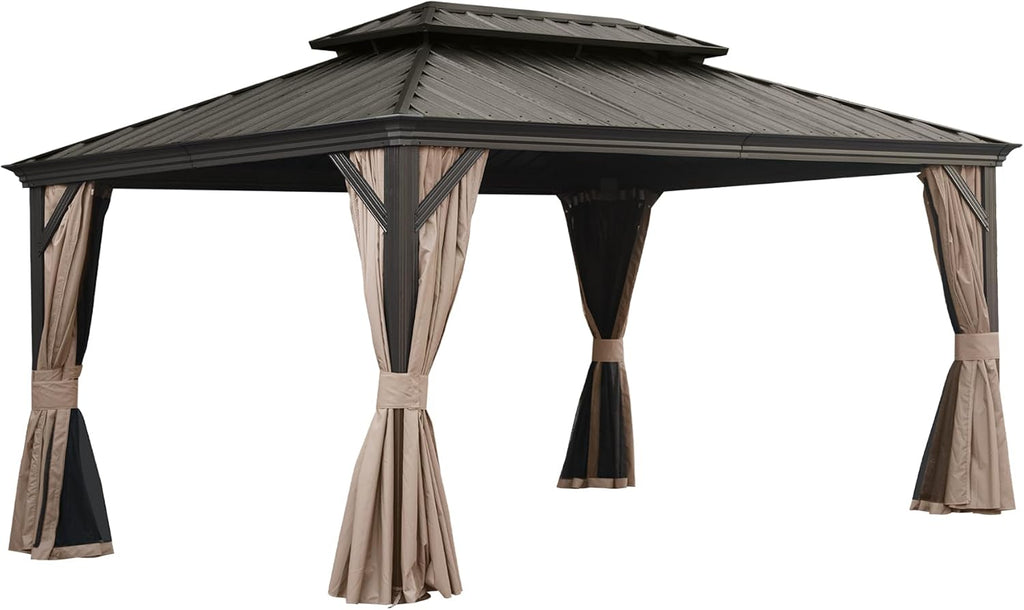 LifeSky 12x16FT Hardtop Gazebo: Metal Outdoor Shelter with Drainage System & Galvanized Steel Roof - Detachable Curtains & Netting for Patio Garden Backyard Use by Vacation Rental Owners