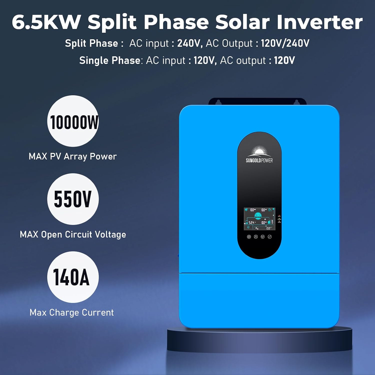 SUNGOLDPOWER 6500W 48V Solar Inverter, Split Phase,Built-in 2 MPPTs, Max 140A Battery Charging, AC Input/Output 120V/240V(settable),Pure Sine Wave Inverter(Parallel/WiFi/BMS COMM) UL1741