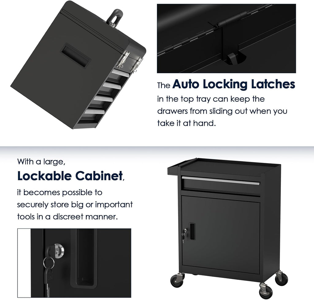 5-Drawer Tool Box with Wheels, Rolling Tool Storage Cabinet with Detachable Top Tool Chest and Locking Mechanism, Metal Tool Cart for Garage Workshop and Room Use (Black)