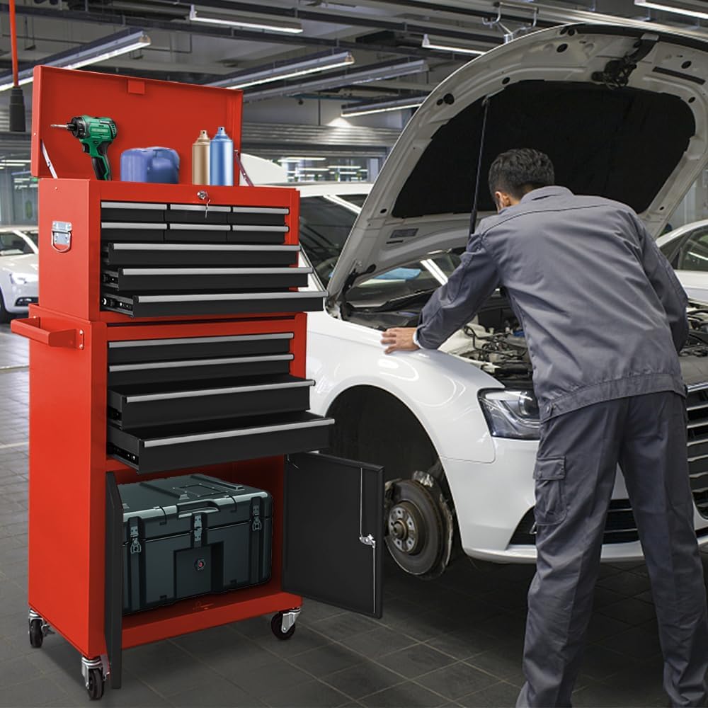 Tool Chest 13-Drawer with Double Door Handle,2 in 1 Detachable Rolling Tool Chests with Wheels and Drawers,Large Tool Box with Lock (Red＆Black)