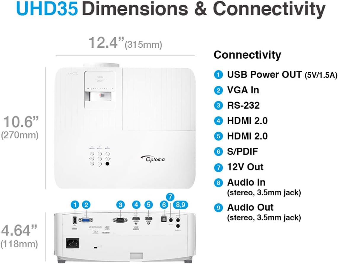 Optoma UHD35 True 4K UHD Gaming Projector 3,600 Lumens 4.2ms Response Time at 1080p with Enhanced Gaming Mode 240Hz Refresh Rate HDR10 & HLG