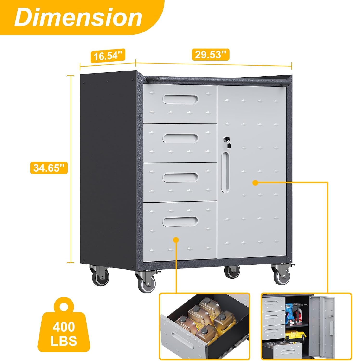 4-Drawer Rolling Tool Chest, Metal Tool Storage Cabinet on Wheels, Heavy Duty Tool Cart with Lockable Door & Handle, Mobile Toolbox, Steel Locker for Garage, Home, Warehouse, Black & Grey