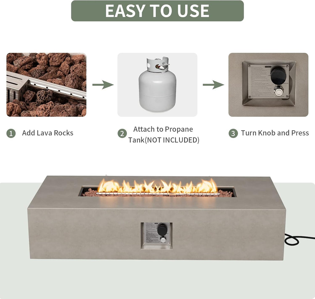 COSIEST 56-inch x 28-inch Outdoor Propane Fire Pit Coffee Table w Concrete Rectangle Base, Certified, 50,000 BTU, Free Lava Rocks and RainCover, Fits 20lb Tank Outside(Gray)