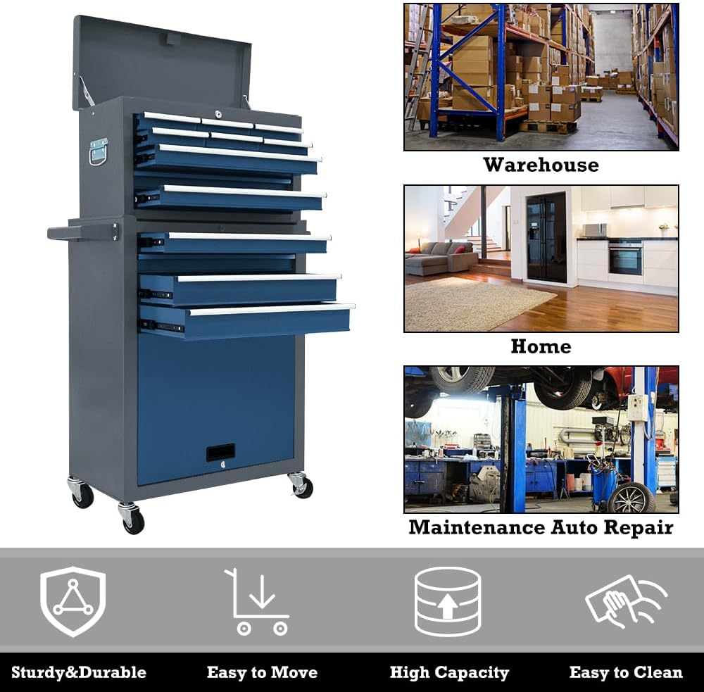 Kirmoasl 13-Drawer Rolling Tool Chest, Large Tool Chest with Wheels, 2 in 1 Detachable Tool Chests, Portable Tool Storage, Locking Mechanic Tool Box for Warehouse, Garage, Gray & Blue
