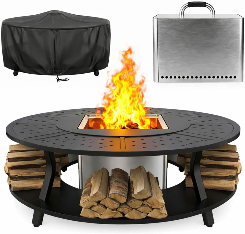 Uniflasy Smokeless Fire Pit and Fire Pit Surround Tabletop, Portable Protective Barrier Equal Width, Safety & Extra Space, 48' Outdoor Tabletop & 17' Smokeless Firepit for Backyard, Camping & Party