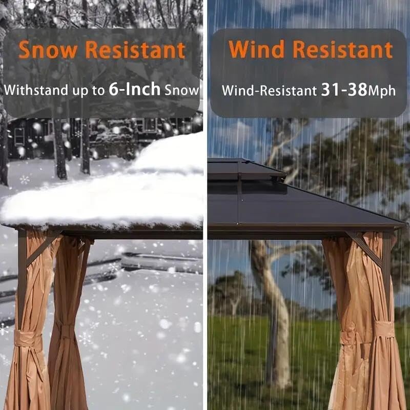 Hardtop Gazebo 10x12FT Hardtop Gazebo, Aluminum Frame Permanent Pavilion with Curtains and Netting, Outdoor Polycarbonate Gazebo, Double Roof Canopy, for Gardens, Patios, Lawns
