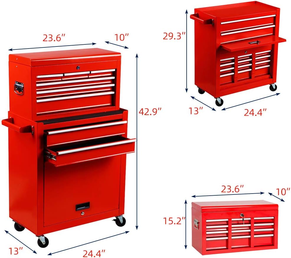8-Drawer High Capacity Rolling Tool Chest, Removable Cabinet Storage Tool Box with Wheels and Drawers, Detachable Toolbox with Lock for Workshop Mechanics Garage