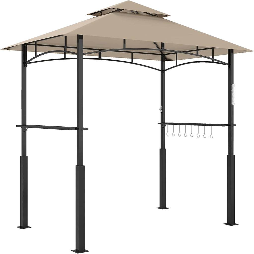Outsunny 8' x 5' Grill Gazebo, Double Tiered Outdoor BBQ Gazebo with LED Light, 2 Side Shelves, Hooks and Bottle Opener for Patio Deck Yard, Khaki