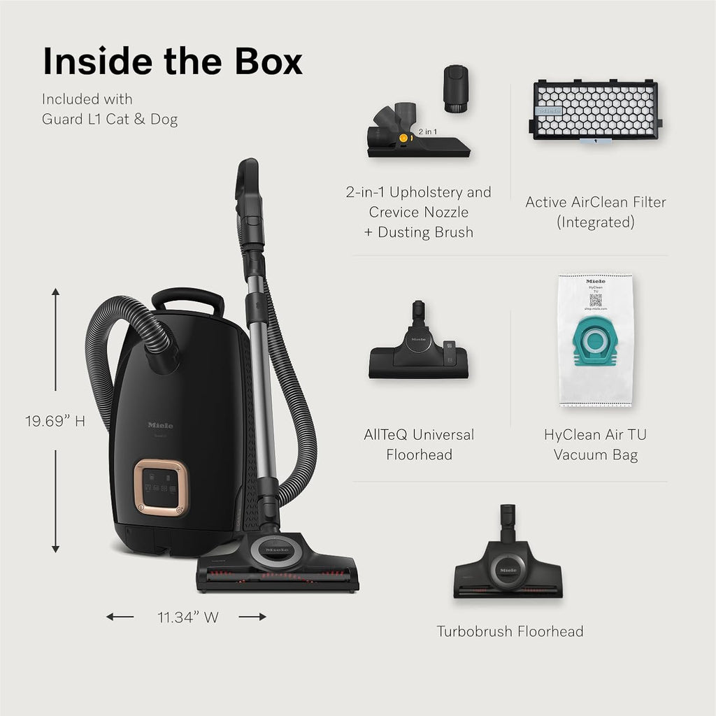 NEW Miele Guard L1 Cat & Dog Bagged Canister Vacuum for Pet Owners with Odor-Reducing Active AirClean Filter, TurboTeQ Floorhead, and AllTeQ Universal Floorhead, in Obsidian Black/Rose Gold