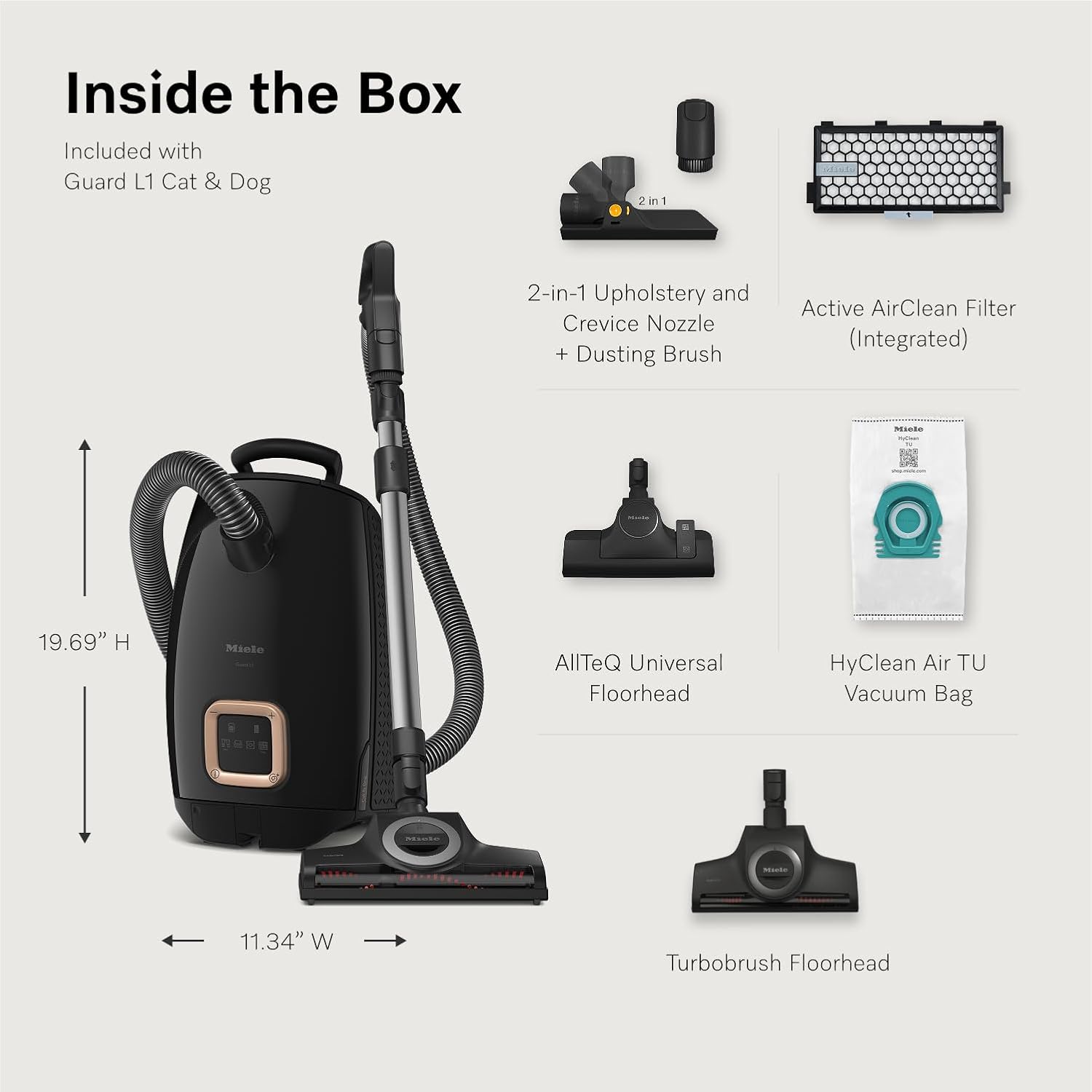 NEW Miele Guard L1 Cat & Dog Bagged Canister Vacuum for Pet Owners with Odor-Reducing Active AirClean Filter, TurboTeQ Floorhead, and AllTeQ Universal Floorhead, in Obsidian Black/Rose Gold
