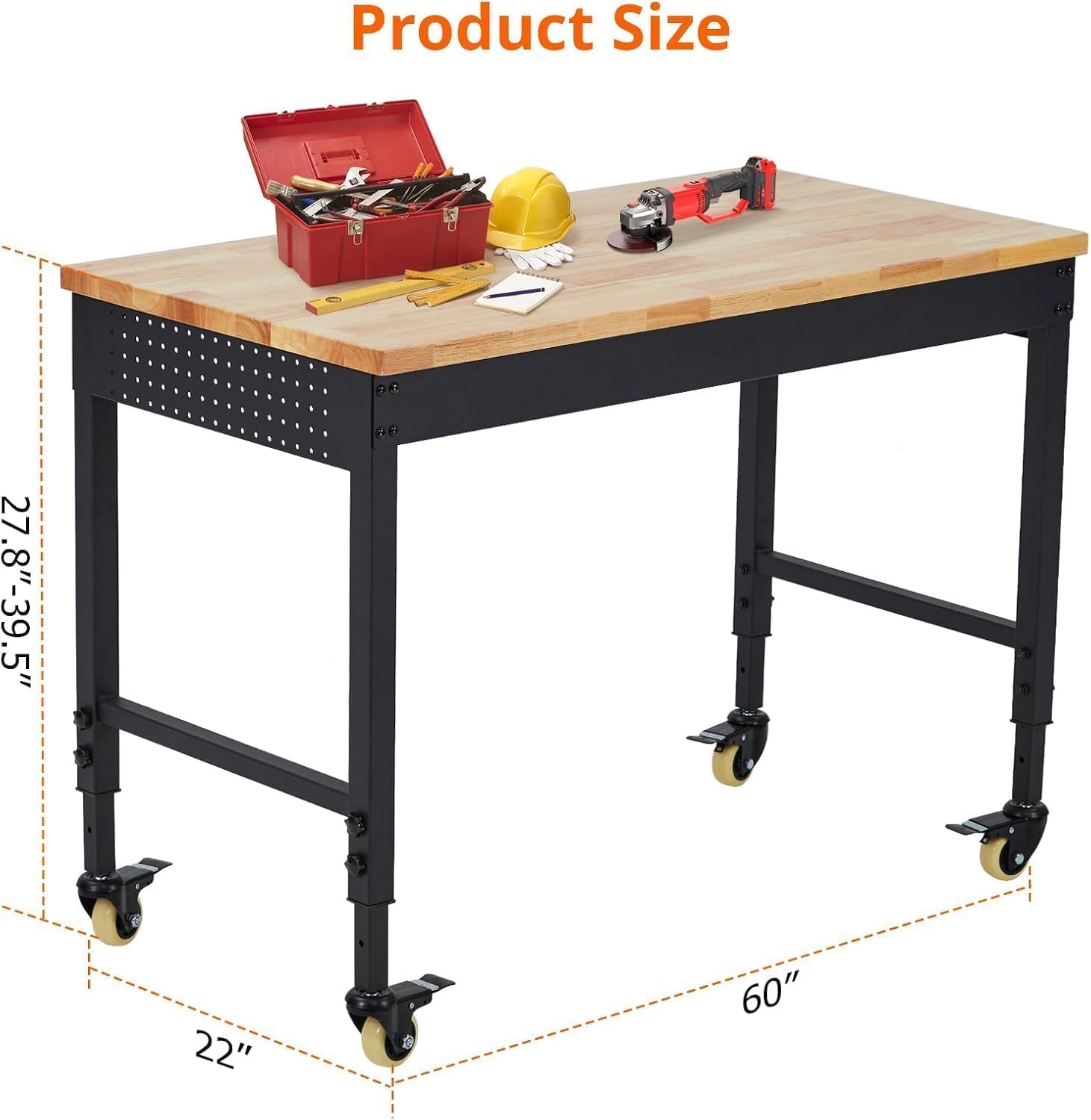 60' Adjustable Garage Workbench with Wheels, 2000LB Capacity, Hardwood Top, Power Outlets, Heavy Duty Work Table for Workshop, Home Office, Tools