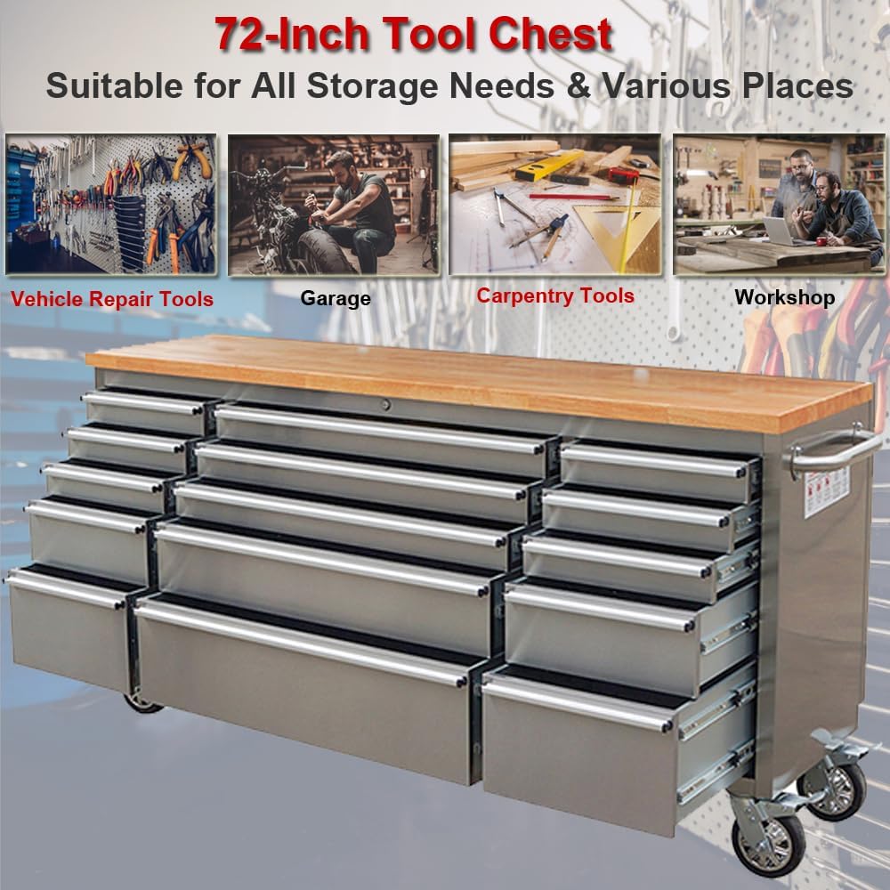 72-inch Stainless Steel Rolling Tool Chest with 15 Drawers, Mobile Workbench, Assembled Large Tool Box Lockable Storage Cabinet with Wheels for Garage Workshop (72'' w/15 Drawers)