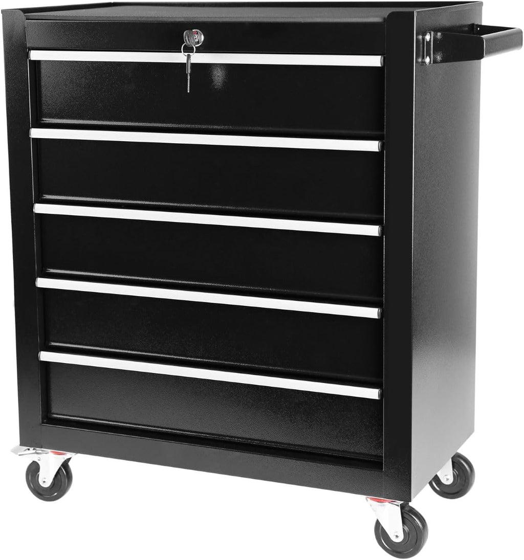 5 Drawer Tool Cart Rolling Tool Chest on Wheels Drawers Rolling Tool Box Top Cushion Drawer Liners Organizer with Locking System for Garage Workshop Warehouse Repair Shop Black
