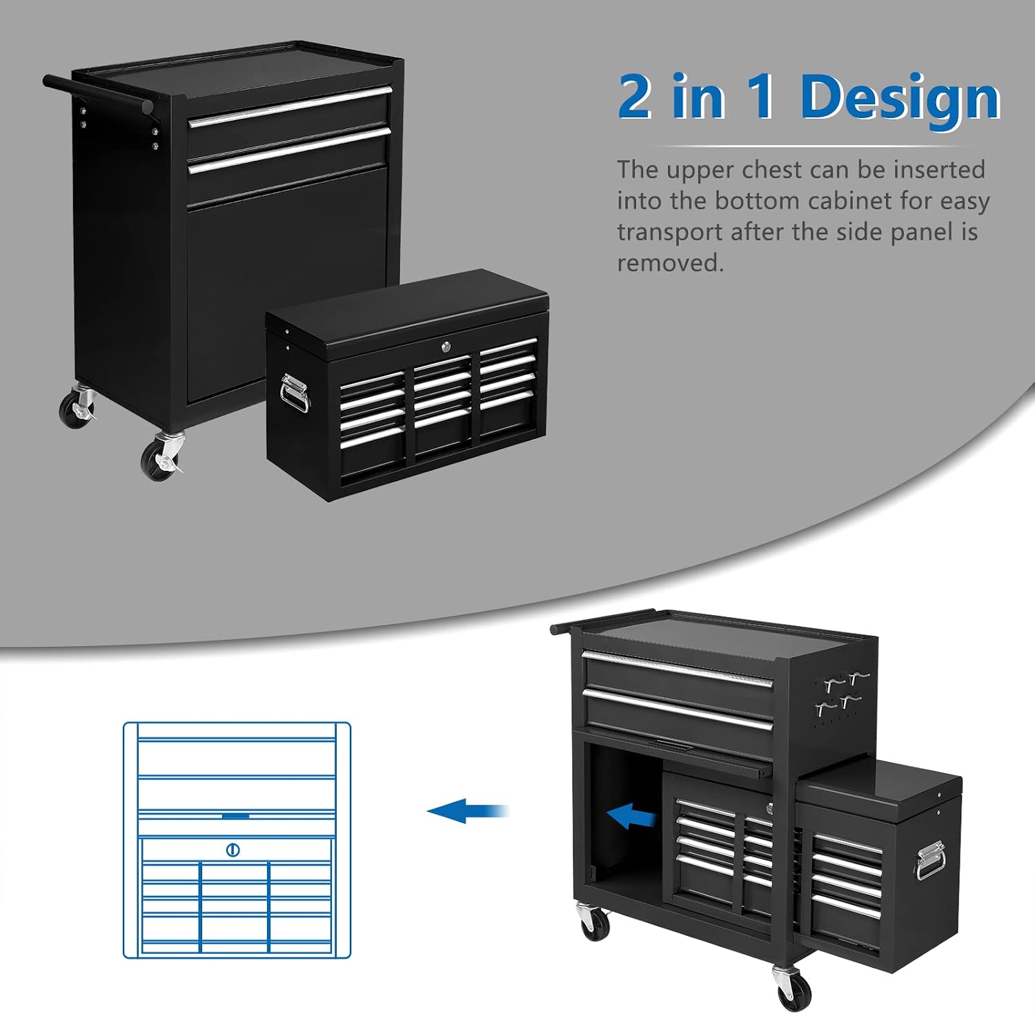 TUFFIOM 8-Drawer Rolling Tool Chest w/Lock, Tool Storage Cabinet w/Wheels, Detachable Top, Drawers & Drawer Liners, Tool Organizer Box for Garage, Warehouse & Repair Shop