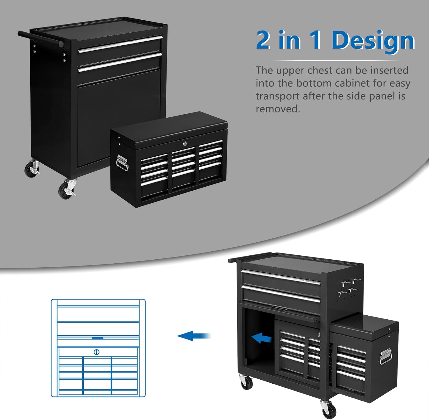 TUFFIOM 8-Drawer Rolling Tool Chest w/Lock, Tool Storage Cabinet w/Wheels, Detachable Top, Drawers & Drawer Liners, Tool Organizer Box for Garage, Warehouse & Repair Shop