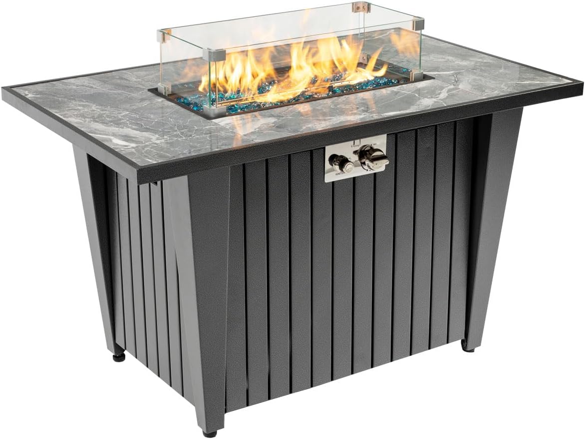 42'' Propane Fire Pit Table, Marble Tile Ceramic Tabletop with Glass Wind Guard, 50,000 BTU Fire Table, Inclined Leg and Art Powder Design, Blue Glass Rocks, Including Lid&Cover