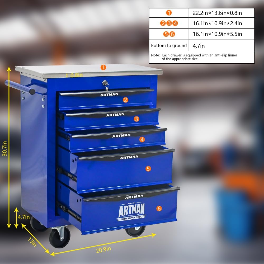 5 Drawers Multifunctional Tool Cart with Wheels,Metal Rolling Tool Cart Storage for Garage Workshop Warehouse Repair Shop-with Stainless Steel Roof- Black&Blue