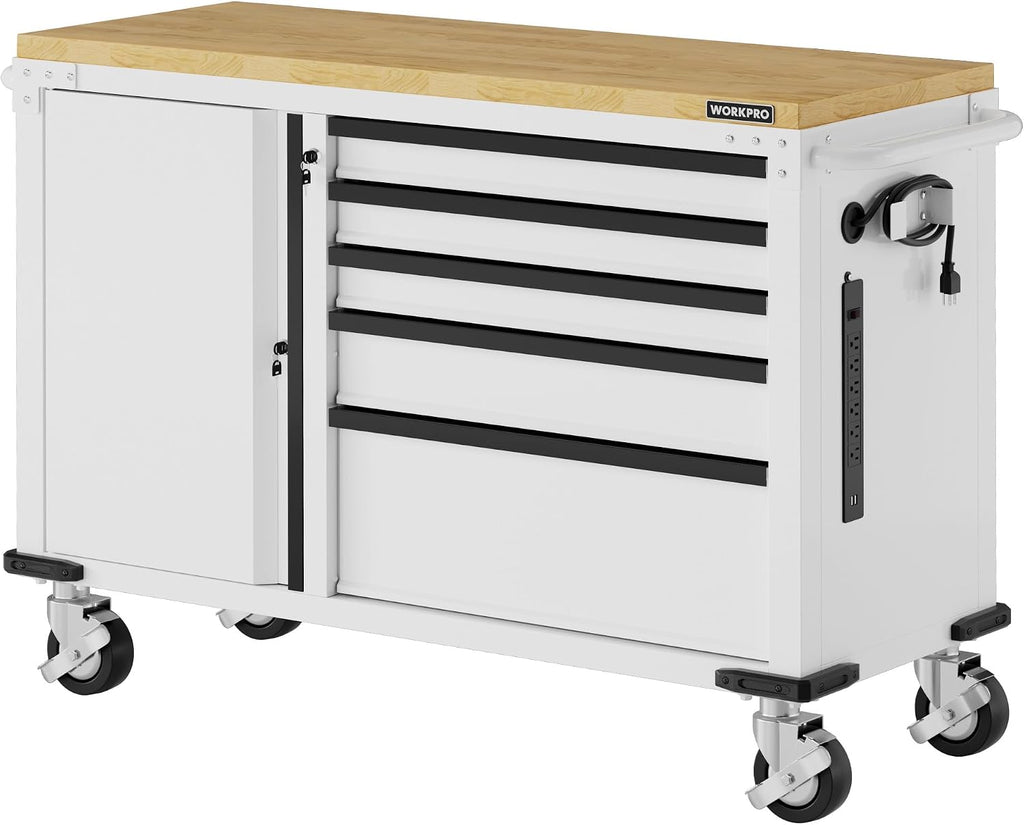 WORKPRO 52' x 20' 5-Drawer & 1-Door Rolling Tool Chest, Heavy Duty Tool Chest with Wheels, Power Strip, Locking System, Rolling Cabinet for Garage, Home & Kitchen, 1000 lbs Capacity