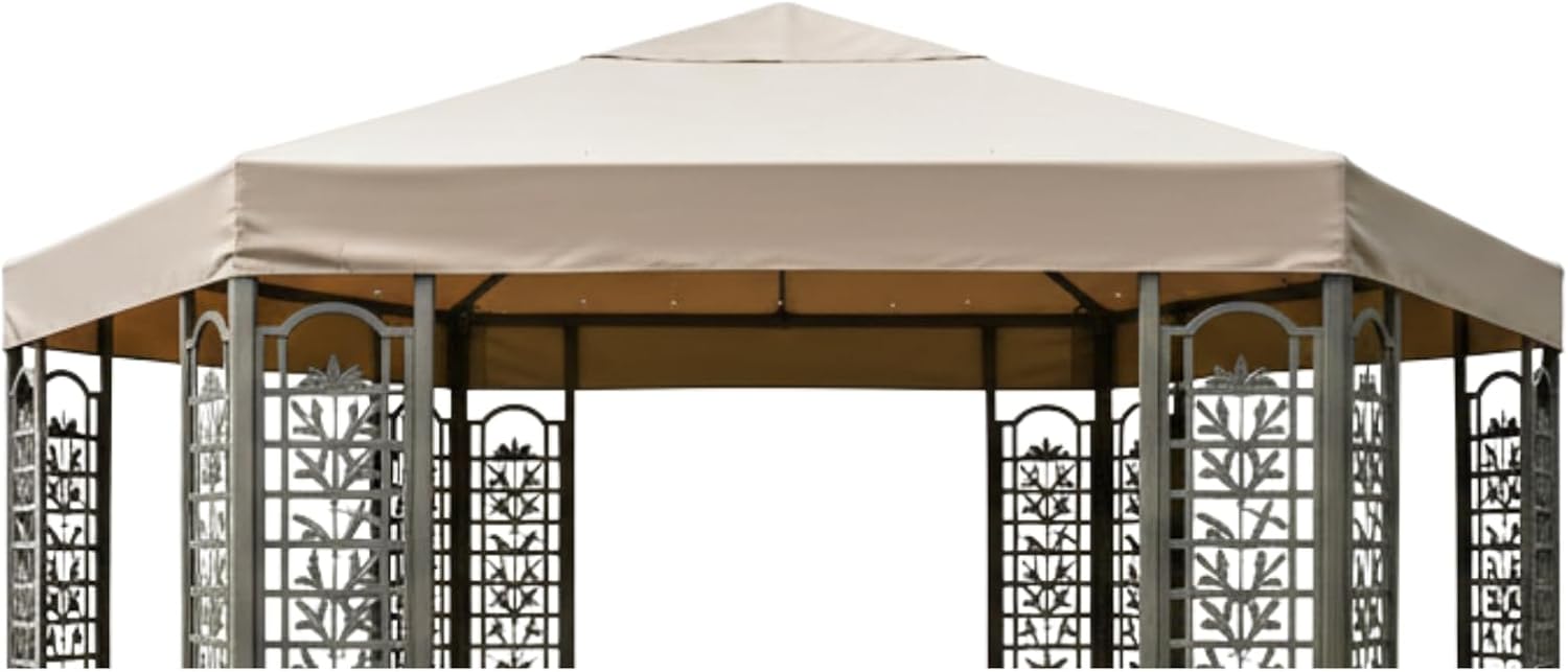 Garden Winds Heavy Duty Reinforced RipLock 500 Replacement Canopy Top Cover Compatible with Wood Hexagon Trellis Gazebo - Beige