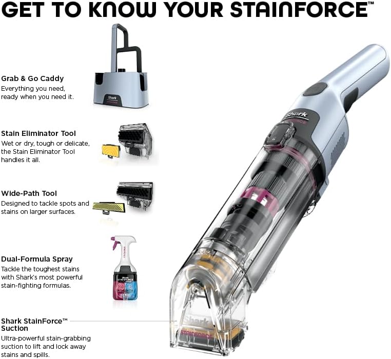 Shark StainForce Cordless Portable Spot, Stain, & Odor Remover System, 5' tool, Storage Tray & Extra Filter for Carpets, Area Rugs, Upholstery, Stairs, Cars, Cleaning Solution, Glacier Blue, HX102BRN
