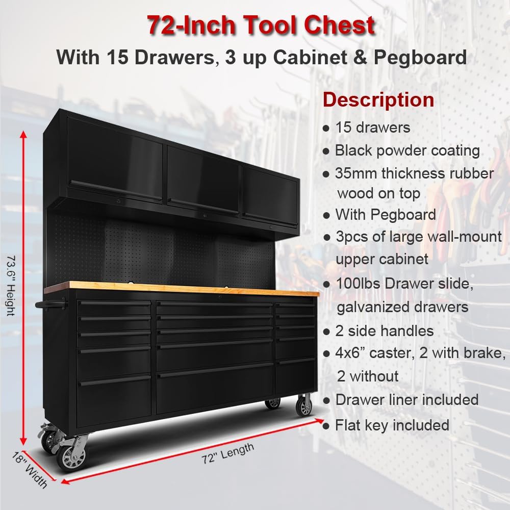 2 Pack - 72' Rolling Tool Chest with 15 Drawers + 3 Upper Cabinets, Matte Black Mobile Workbench, Lockable Large Tool Box with Wheels for Garage (1 × HTC7218PC + 1 × HTC7215PC-1)