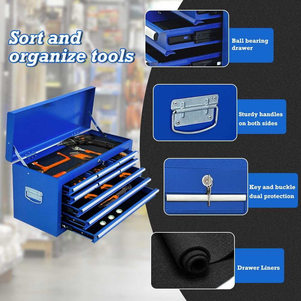 13 Drawers Tool Chest with Wheels,Large Capacity Tool Storage Cabinet with Removable Top Toolbox, Locking Mechanical Tool Cart with Liner,Suitable for Garages, Warehouses-Blue