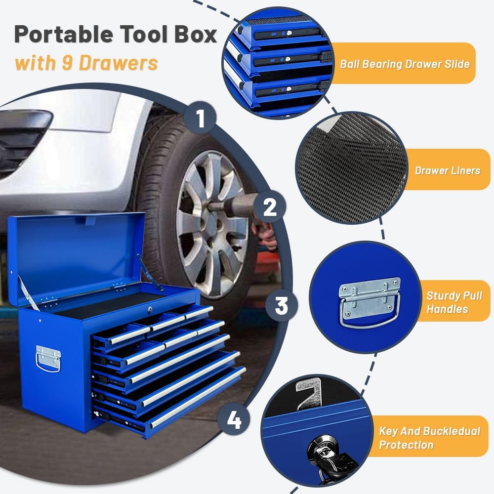 13-Drawer Tool Chest with Double Door Handle,2 in 1 Detachable Rolling Tool Chests with Wheels and Drawers,Large Tool Box with Lock,Mobile Steel Tool Cabinet Storage (Blue)