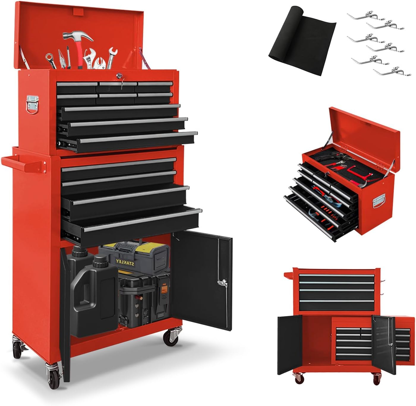 13 Drawers Tool Chest with Wheels, Rolling Tool Organizer with Drawers, Metal Tool Cabinet for Garage, Workshop(Red-Black)