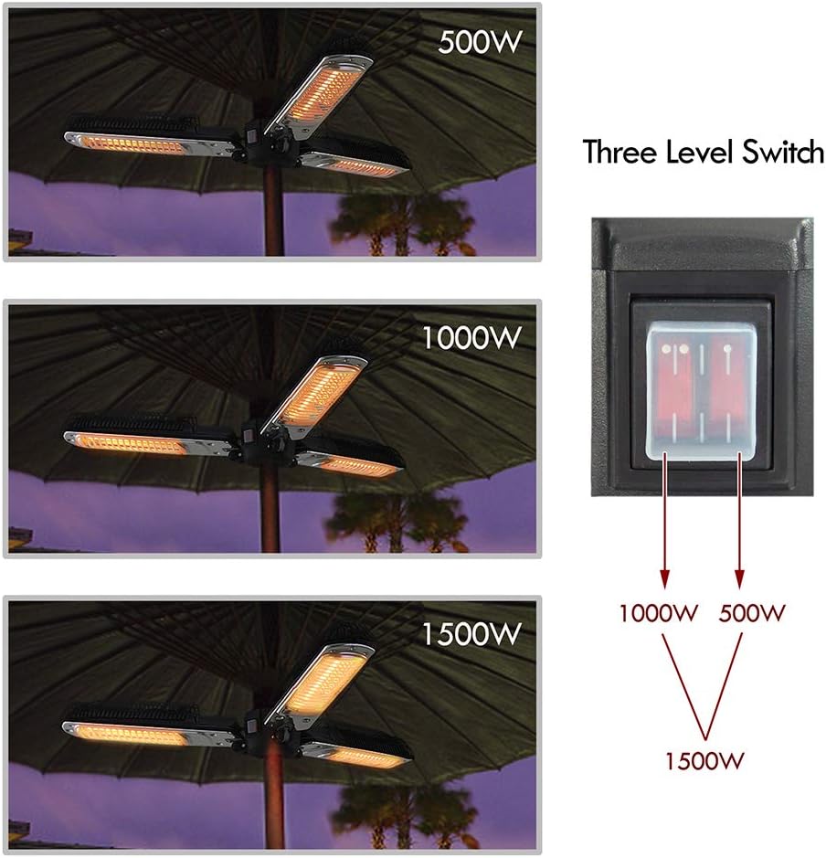 Skypatio Electic Parasol Patio Heater, Folding Electric Outdoor Umbrella Space Heater,3 infrared Heating Lamps for Pergola or Gazebo, 1500W,Black