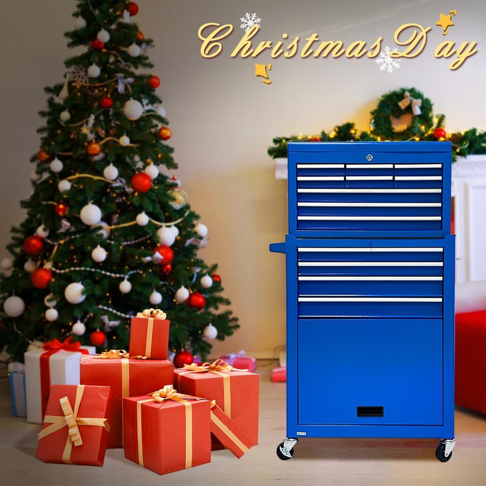 13 Drawers Tool Chest with Wheels,Large Capacity Tool Storage Cabinet with Removable Top Toolbox, Locking Mechanical Tool Cart with Liner,Suitable for Garages, Warehouses-Blue