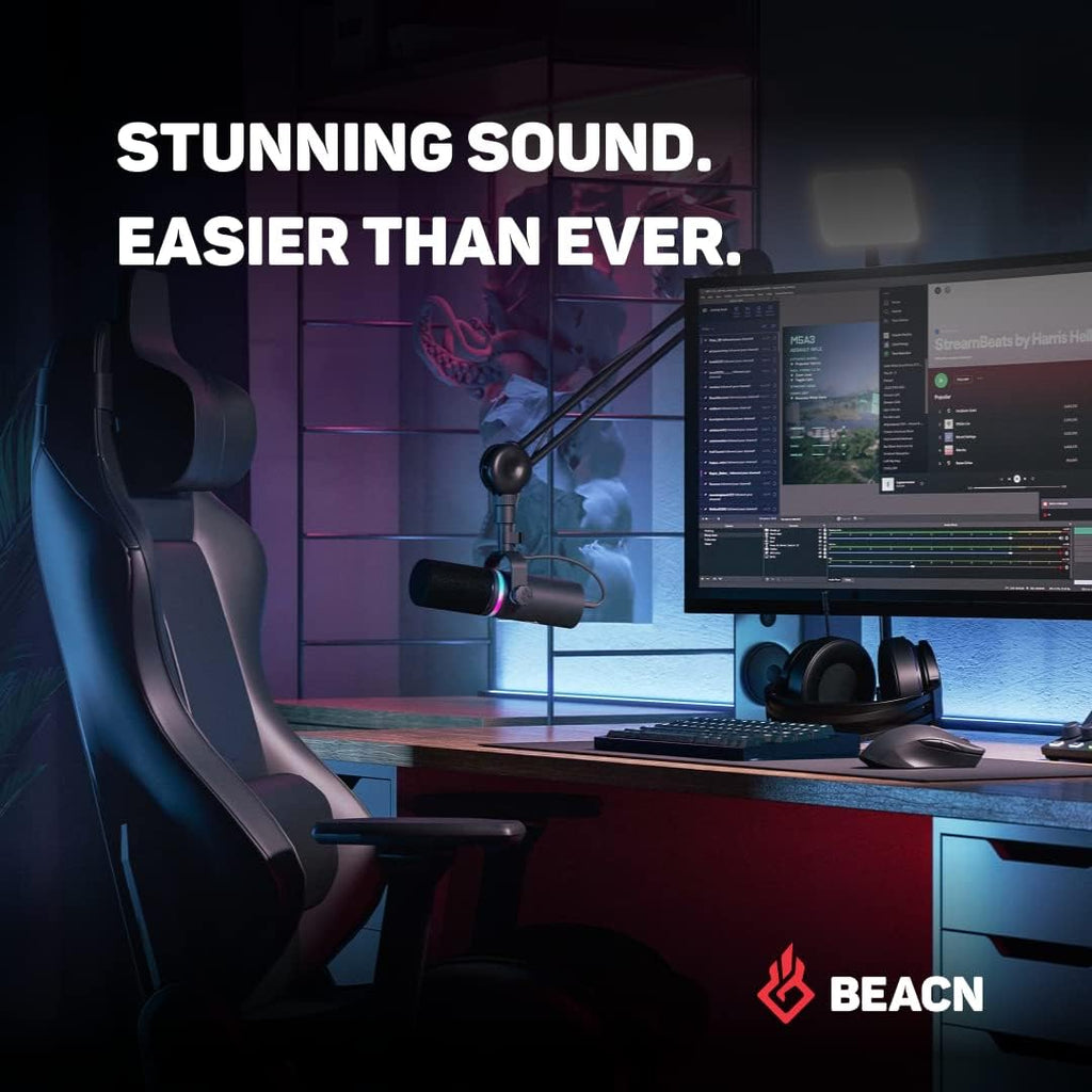 BEACN Dark Dynamic USB Microphone for PC & Gaming – Broadcast-Grade Streaming, Podcast & YouTube Mic with RGB Lighting, Noise Rejection & Headphone Monitoring – USB C Mic for Twitch & Recording