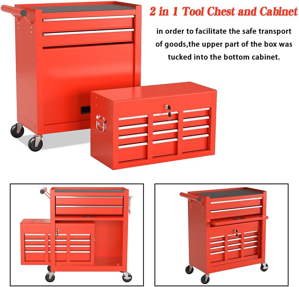 High Capacity Rolling Tool Boxes with Wheels and Drawers, 8-Drawer Storage Cabinet,Detachable Organizer Combo,Mobile Lockable Toolbox for Workshop Mechanics Garage (Red)