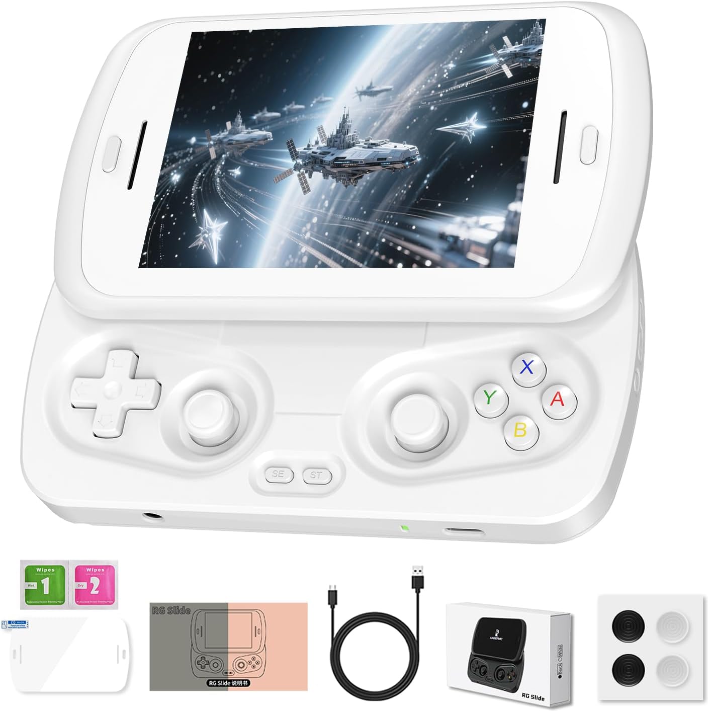 Anbernic RG Slide Handheld Game Console RG Slide 4.7-inch LTPS In-Cell Screen No Card Retro Game Console Unisoc T820 Portable Arcade Video Gaming Console Support AI WiFi Bluetooth HD and TV Output White