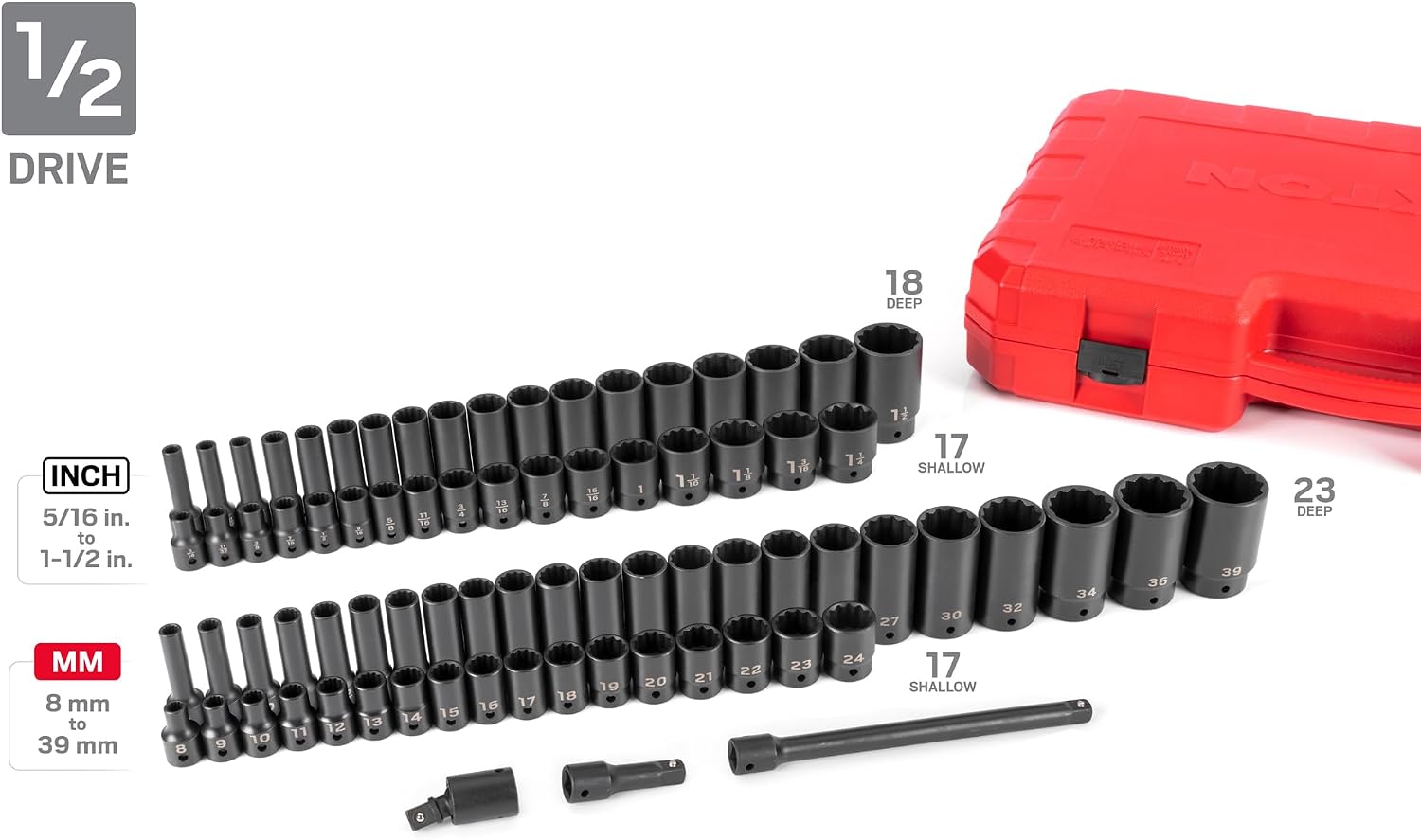 TEKTON 1/4, 3/8, 1/2 Inch Drive Shallow and Deep 12-Point Impact Socket Set with Cases, 211-Piece (5/32-1-1/2 in., 4-39 mm) | SID99404