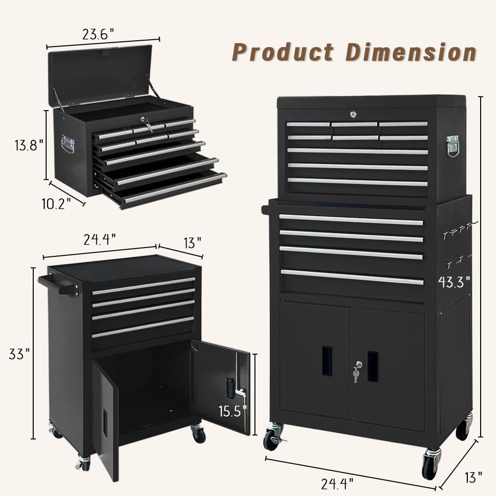 13-Drawer Double Doors Handle Rolling Tool Chest, 2 in 1 Detachable Rolling Tool Chests, Large Tool Boxes with Lock, Metal Standing Tool Cabinet for Garage Workshop(Black)