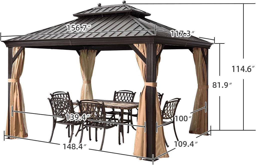 PURPLE LEAF Hardtop Gazebo 10' X 13' Outdoor Pavilion Metal Roof with Netting and Curtains Backyard Deck Garden Outside Permanent Heavy Duty Patio Aluminum Canopy