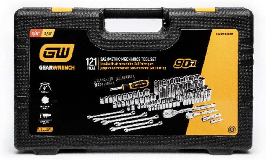 GEARWRENCH 121 Piece Mechanics Hand Tool Set - 1/4' & 3/8' Drive | 90 Tooth | SAE & Metric | GW90SCBMTS