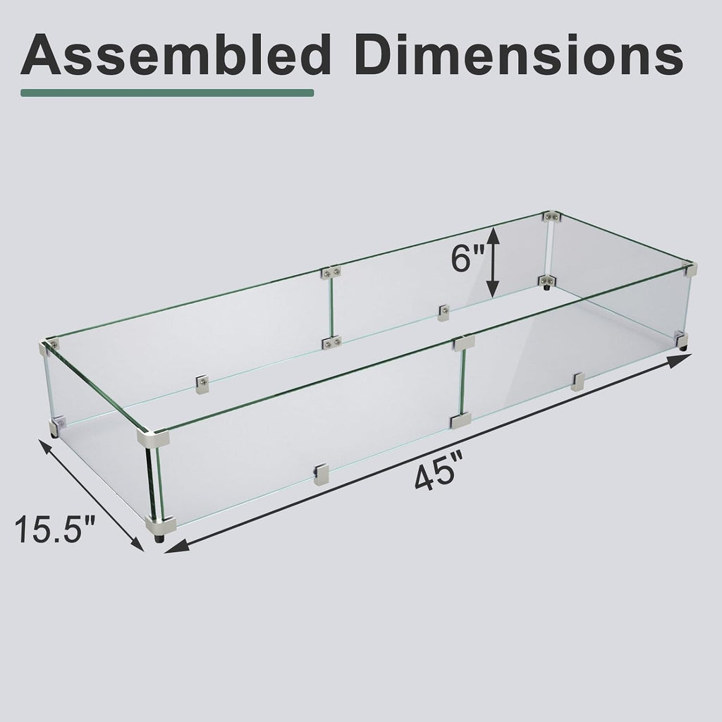 GASPRO 45 x 15.5 Inch Glass Wind Guard for Rectangular Fire Pit Table, Thick and Sturdy Tempered Glass Panel with Hard Aluminum Corner Bracket & Feet, Easy to Assemble